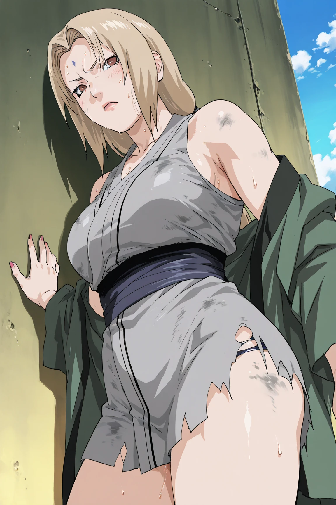 (masterpiece, highest quality:1.2), alone, One Girl, Tsunade Defense, Forehead mark, View your viewers、((Battle Scenes、Fighting Pose、Sweat、Sand smoke、Raw、Rocky area、barefoot、Panties、Sleeveless、Blood、 exposed、Torn clothes、Large areola、Armpits、chest))、Beautiful girl with beautiful details, Professional photography lighting, Highly detailed eyes and face, Beautiful eyes in every detail、Beautiful detailed hair, Beautiful and exquisite cold face、anime