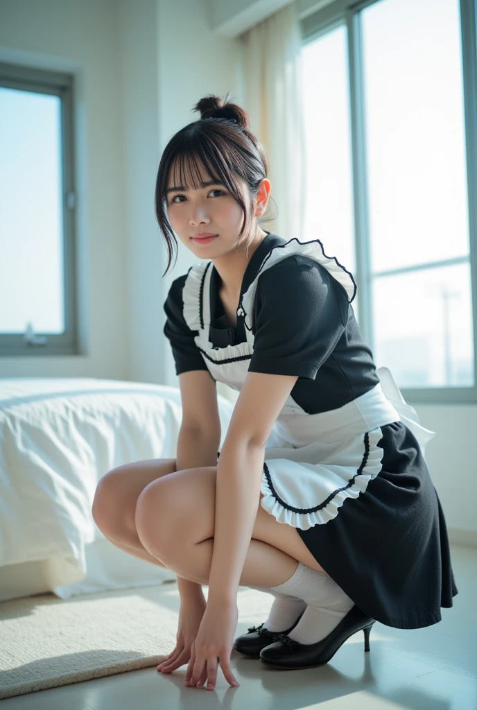 Japanese woman working at a maid cafe, 22 years old, high heels, fluttery maid outfit, glossy lip gloss, squatting pose
