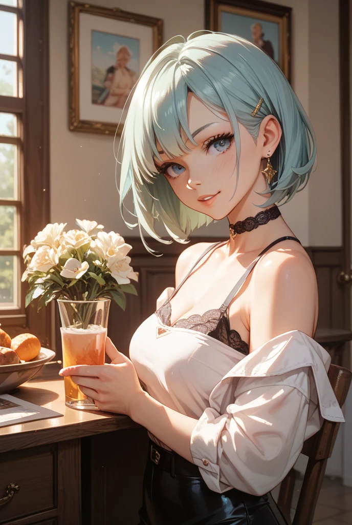 masterpiece, best quality,ultra-detailed,hyper details, cinematic light,, 1girl, solo, sit, outdoor, summerhouse, sitting in the summerhouse, plants, table, chandelier, candle, wind, green eyes, pan-green silver hair, short hair, animal_ears, animal_ear_fluff, floating hair, light, light frown, profile,looking at viewer, dynamic_angle