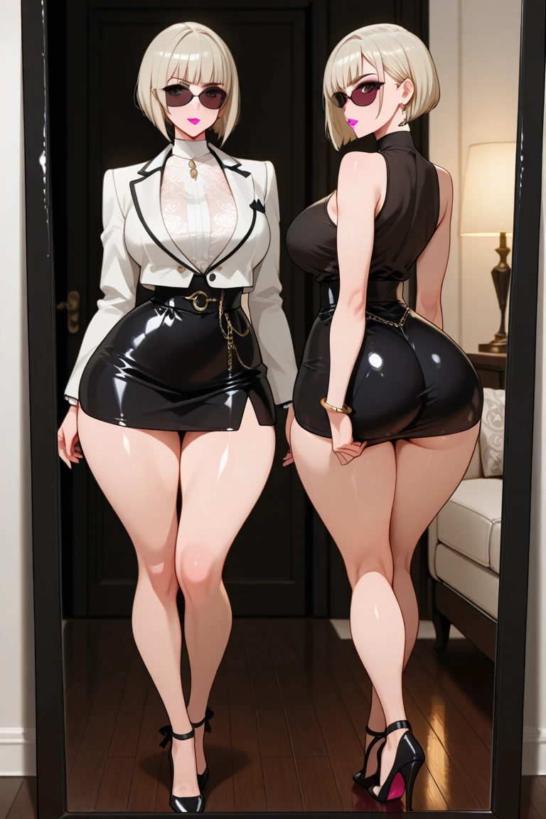 multiple thick body large females wearing floral lace pattern nun dress and detailed lace pattern panties, pants down show detailed panties, standing bend over