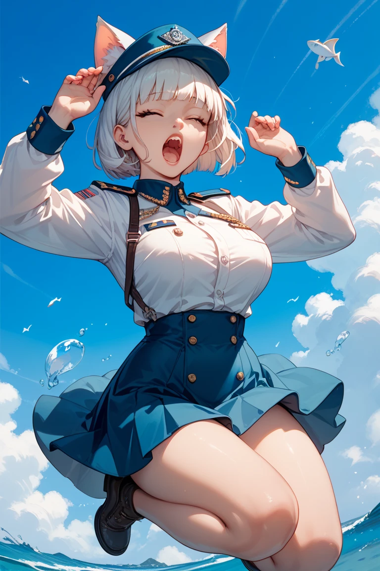score_9, score_8_superior, score_7_superior, score_6_superior, sauce_anime, evaluation_Safety, masterpiece, Highest quality, White haired cat ear girl, Straight, Viewer Perspective, Reaching out, Adorable, Sailor suit, white panties, Cat taill, cowboy shot