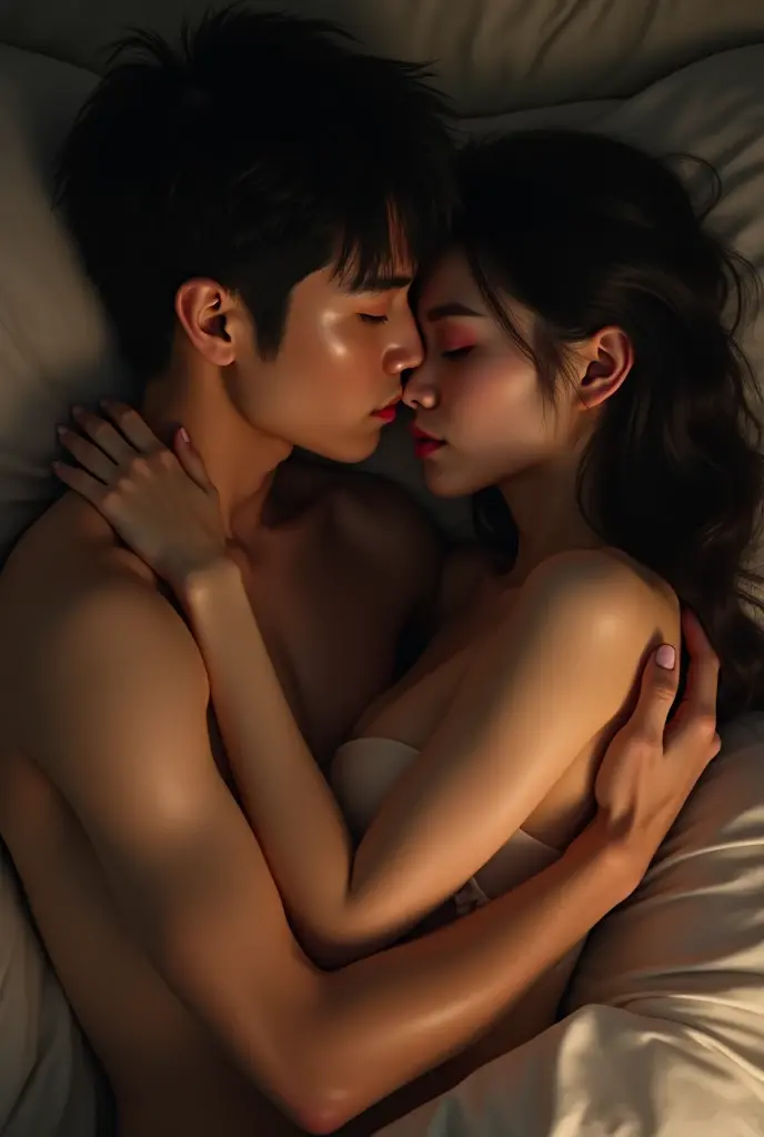 A couple of young lovers embraced in bed sleeping, despues de amarse, con la centana abierta a la luz de la noche, imagen en blanco y negro, estilo fotografico, obra maestra, hiperrealista,8k ,
