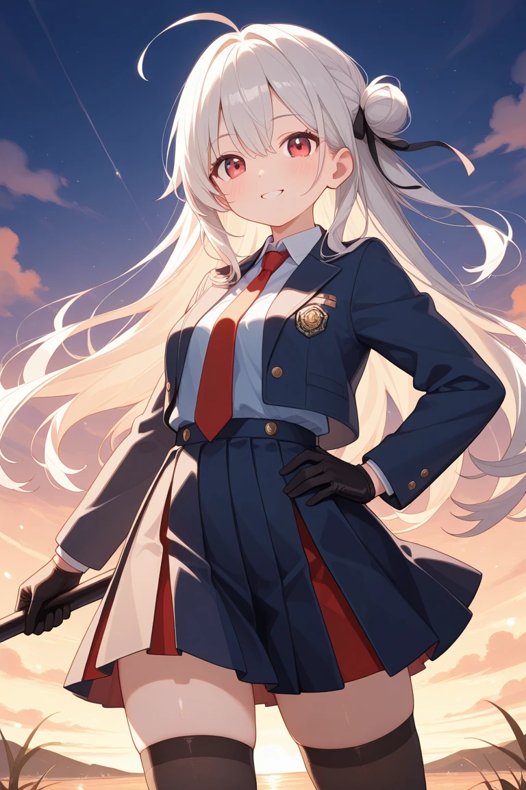 masterpiece, best quality, highres, aahws, long hair, white hair, head wings, blunt bangs, glasses, military uniform, red necktie, black jacket, long sleeves, brown gloves, no pants, white panties, black thighhighs, <lora:heidimarie_w._schnaufer_v1:0.7>, crossed arms, explosion, standing, sky,