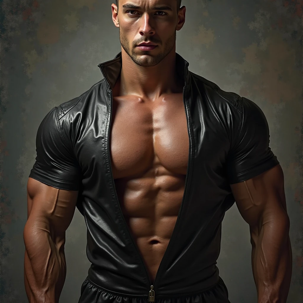 A strong man, young, dark skin and black hair. a bag sensual, Your pose should look like a statue with deep eyes