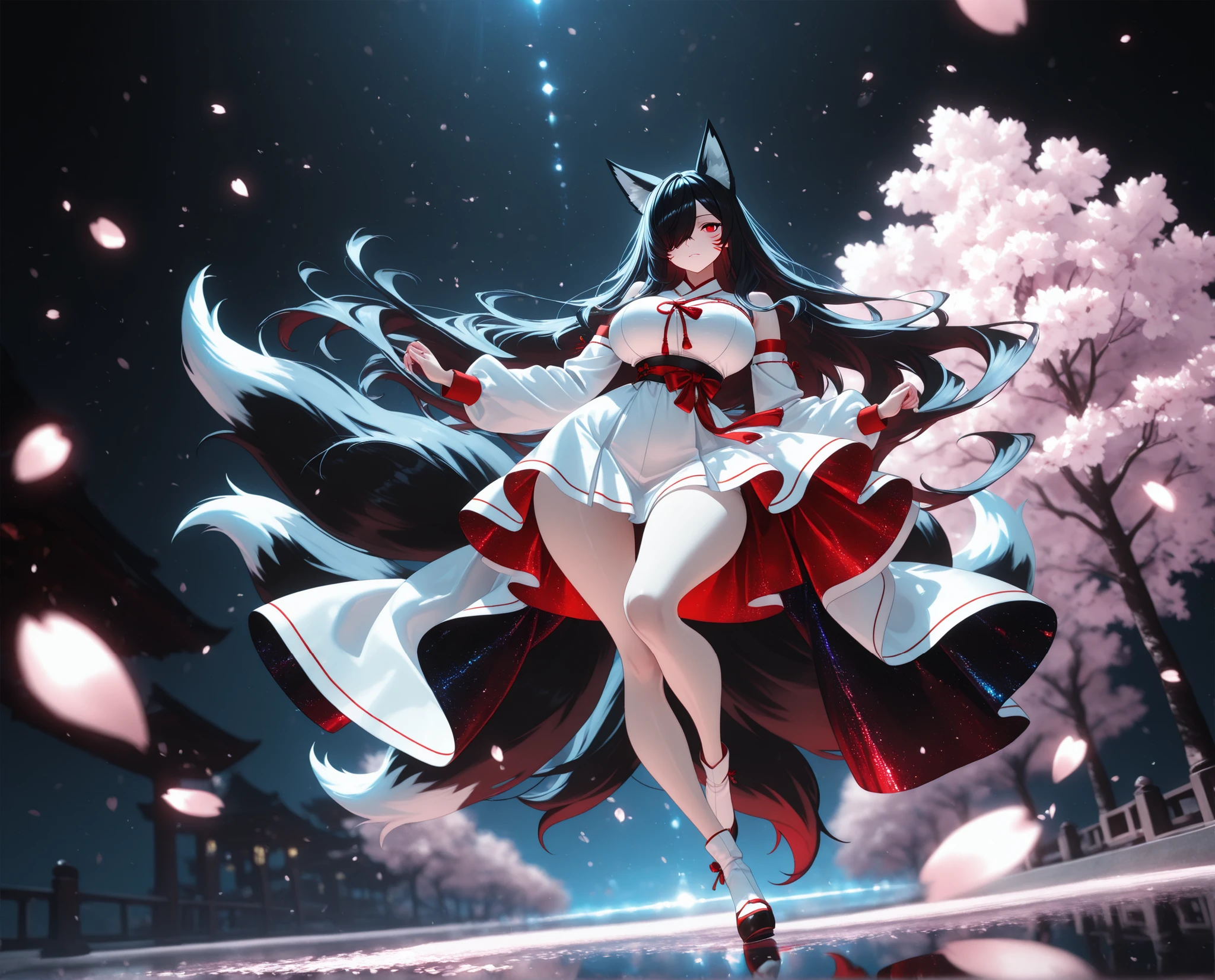 1girl, Kuroki Monika, black hair, very long hair, hair over right eye, red eyes, large breasts, (petite but curvy, very cute),
Solo, full Body, (dynamic angle), hazy lights, subdued lighting, blurred figures, dark background , Sakura, (cherry blossoms), detailled dress, short dress, perfect face, beautiful eyes, focus face, (4k,8k,Ultra HD),(Masterpiece:1.2),(Best quality:1.2),(Detailed:1.5),(Scenery),highly detailed,ultra-sharp,8K resolution,character focus,depth of field,(glowing particles),reflection,(Sharp Focus),contrast,(glittered fabric), black theme, red and white, vibrant, energetic,(clear lines) , dark outlines,(bold outline) (aesthetic pose), (red and white clothes) , fox ears, fox tail, nine fox tails, red korean clothes, long sleeves, detached sleeves, bare shoulders, whisker markings, (dynamic pose) , cinematic lighting , cinematic angle, soft light , color detail, backlighting, Depth of field, long exposure, light steps, intricate colors, vibrant colors,, Detailed,Slight blur, soft lips, soft makeup