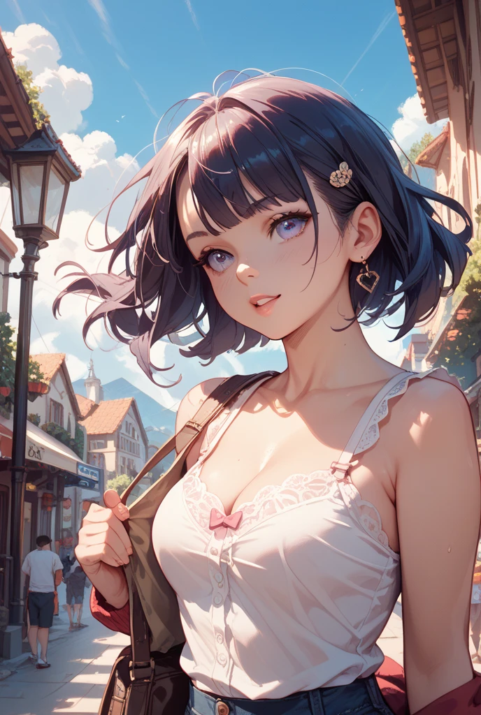 yuukikonno, Yuki Konno, hair band, Long Hair, Pointy Ears, Purple Hair, (Red eyes:1.5), (Small breasts:1.2), blush,happy smile, smile, Open your mouth,Purple cold off-the-shoulder,tops,Short sleeve,skinny pants,piece,Heart-shaped necklace,Sunset,evening,The sun is setting,whole bodyがイラストに入るように,Looking down from above,
break looking at viewer, whole body,
break outdoors, School,courtyard,
break (masterpiece:1.2), highest quality, High resolution, unity 8k wallpaper, (shape:0.8), (Fine and beautiful eyes:1.6), Highly detailed face, Perfect lighting, Highly detailed CG, (Perfect hands, Perfect Anatomy),