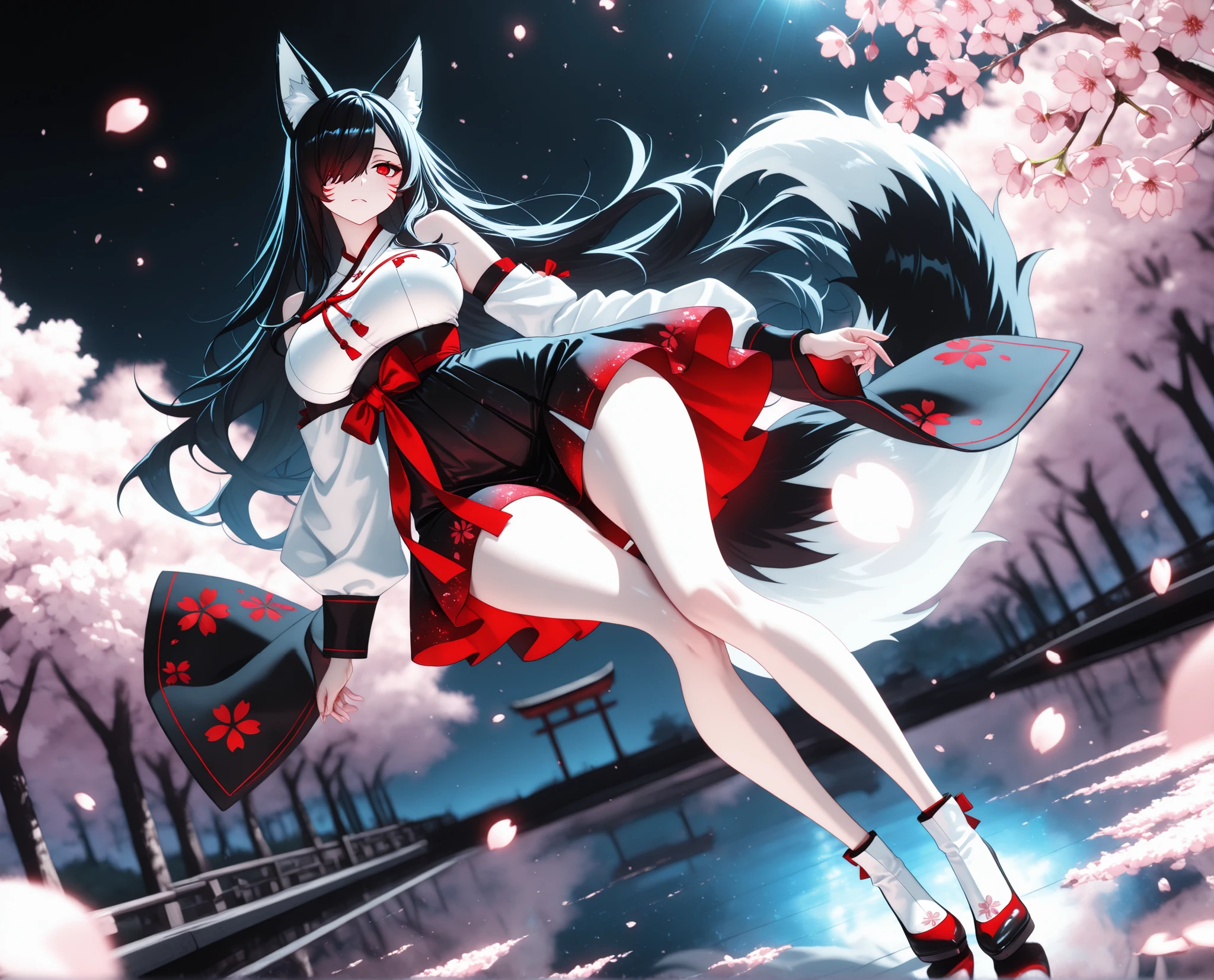 1girl, Kuroki Monika, black hair, very long hair, hair over right eye, red eyes, large breasts, (petite but curvy, very cute),


Solo, full Body, (dynamic angle),  hazy lights, subdued lighting, blurred figures, dark background , Sakura, (cherry blossoms), detailled dress, short dress, perfect face,  beautiful eyes, focus face, (4k,8k,Ultra HD),(Masterpiece:1.2),(Best quality:1.2),(Detailed:1.5),(Scenery),highly detailed,ultra-sharp,8K resolution,character focus,depth of field,(glowing particles),reflection,(Sharp Focus),contrast,(glittered fabric), black theme, red and white, vibrant, energetic,(clear lines) , dark outlines,(bold outline) (aesthetic pose),  (red and white clothes) , fox ears, fox tail,  nine fox tails, red korean clothes, long sleeves, detached sleeves, bare shoulders, whisker markings,  (dynamic pose) , cinematic lighting , cinematic angle, soft light , color detail, backlighting, Depth of field, long exposure, light steps,  intricate colors, vibrant colors,, Detailed,Slight blur, soft lips, soft makeup