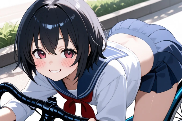 {best quality}. {very aesthetic}. {ultra-detailed}, {best illustration}, ((half open eyes))、serafuku, pleated skirt, sailor collar, white shirt、 One girl, Lift up your skirt, panties、Small breasts、Confused eyes、angry、angryった顔、Glare、Baby Face、shame、White skin、Black Hair、blue eyes、Bob Hair、short、Low - Angle、pantiesの接写、((panty Close-up))
