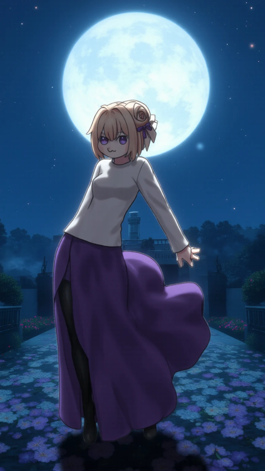 of blue sky and behind full Moon surrounded by night sky, 1girl, solo, long Skirt, Blonde,slit Skirt, Moon, short hair, sweater, full Moon, Red Eyes, pantyhose, tat clothes, purple Skirt,Arcueid,Arcueid Brunestud.full body,((Leaning back while standing)),Churchyard,Luminous flowers