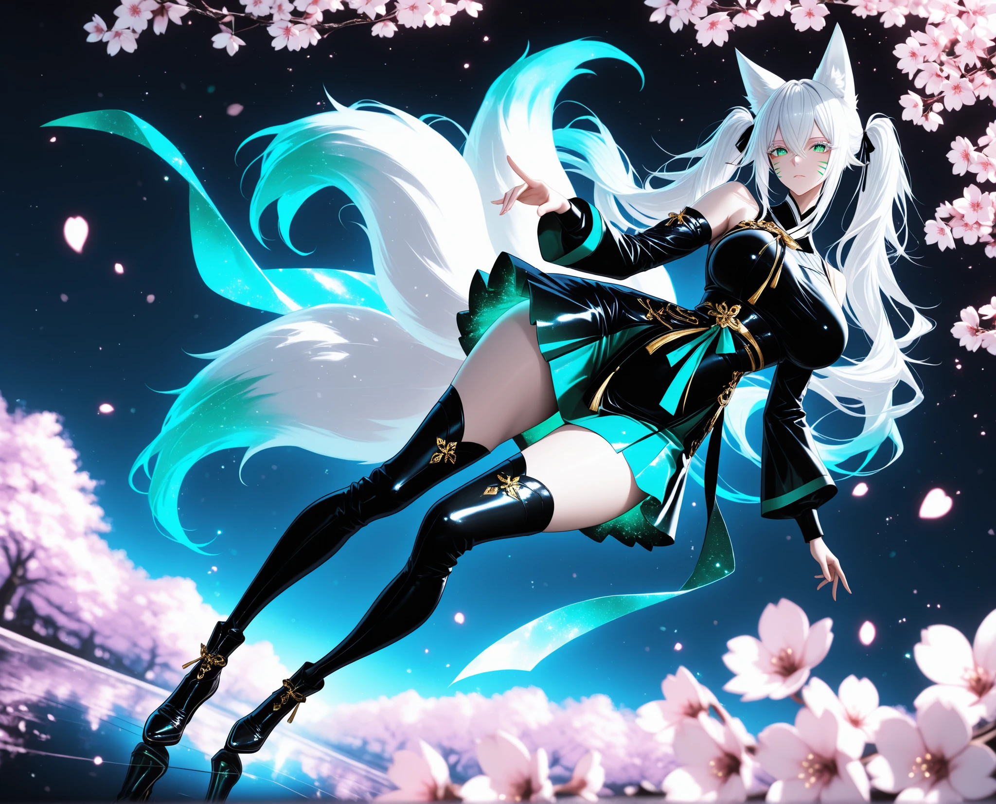 1girl, green eyes, white eyelashes, white hair, long hair, hair between eyes, large breasts, curvy, beautiful, sexy, cool, twintails, curly twintails
Solo, full Body, (dynamic angle), hazy lights, subdued lighting, blurred figures, dark background , Sakura, (cherry blossoms), detailled dress, short dress, perfect face, beautiful eyes, focus face, (4k,8k,Ultra HD),(Masterpiece:1.2),(Best quality:1.2),(Detailed:1.5),(Scenery),highly detailed,ultra-sharp,8K resolution,character focus,depth of field,(glowing particles),reflection,(Sharp Focus),contrast,(glittered fabric), turquoise theme, green and black, vibrant, energetic,(clear lines) , dark outlines,(bold outline) (aesthetic pose), (green and black clothes) , fox ears, fox tails, nine fox tails, red korean clothes, long sleeves, detached sleeves, bare shoulders, whisker markings, (dynamic pose) , cinematic lighting , cinematic angle, soft light , color detail, backlighting, Depth of field, long exposure, light steps, intricate colors, vibrant colors,, Detailed,Slight blur, soft lips, soft makeup