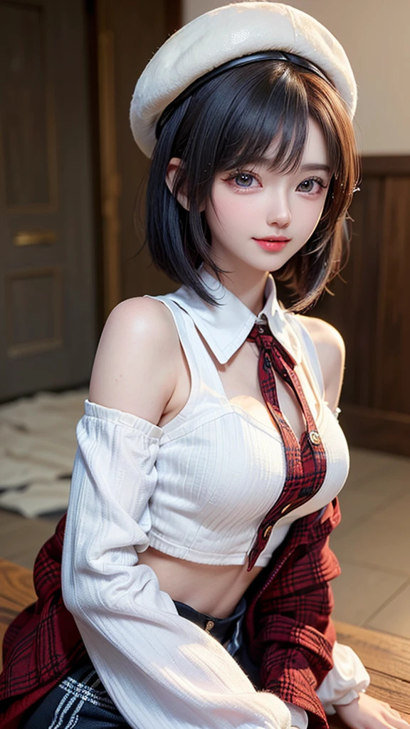 (RAW photo, best quality), (realistic, photorealistic: 1.2), close-up portrait photo, one woman, white background, nothing background, smile, (high definition skin: 1.4), big eyes, eyelashes, clear double eyelids, clear eyes, short hair, gorgeous hair, air bangs, dark brown black hair, white transparent shirt and red bow tie, chest, big breasts, Deep cleavage, bright red pleated skirt, soft lighting, high quality, gloss on skin, gloss on chest, gloss on lips, gloss on face, fair skin, great attraction with transparency, ears out, highlights in the eyes, moderate breeze