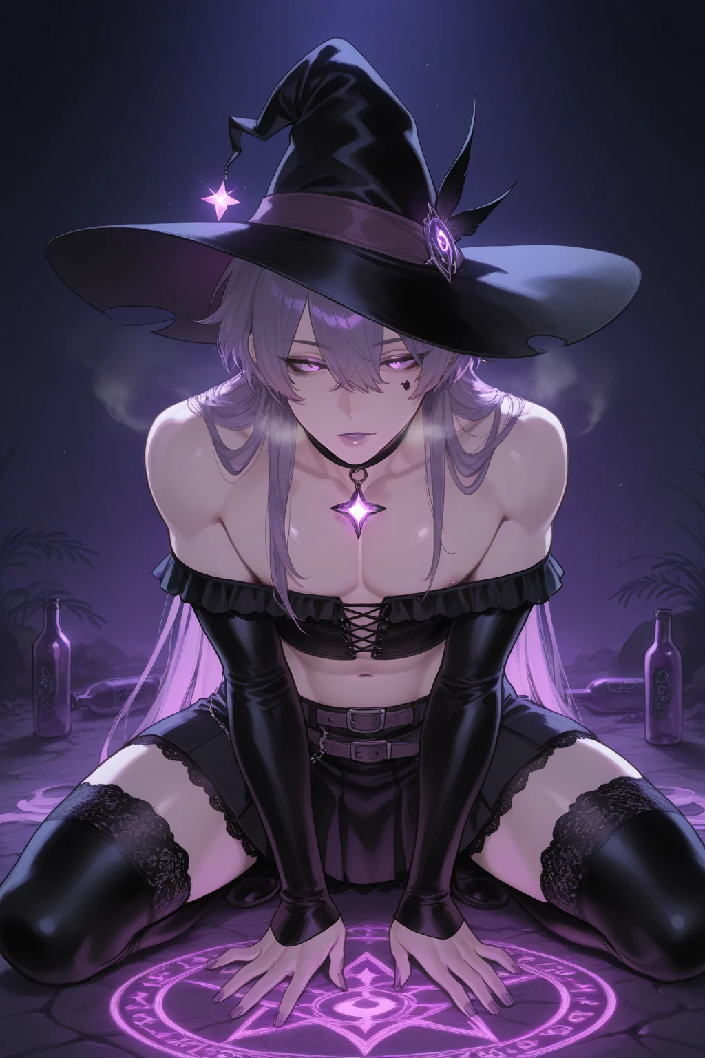 plymouth_\(azane\),purple_eyes,purple_hair,blunt_bangs,long hair, naked_cape,witch hat, cauldron,witch,night, book,solo focus, from above, night,candle,brick wall, brick floor,large breasts,, masterpiece, best quality, high contrast,