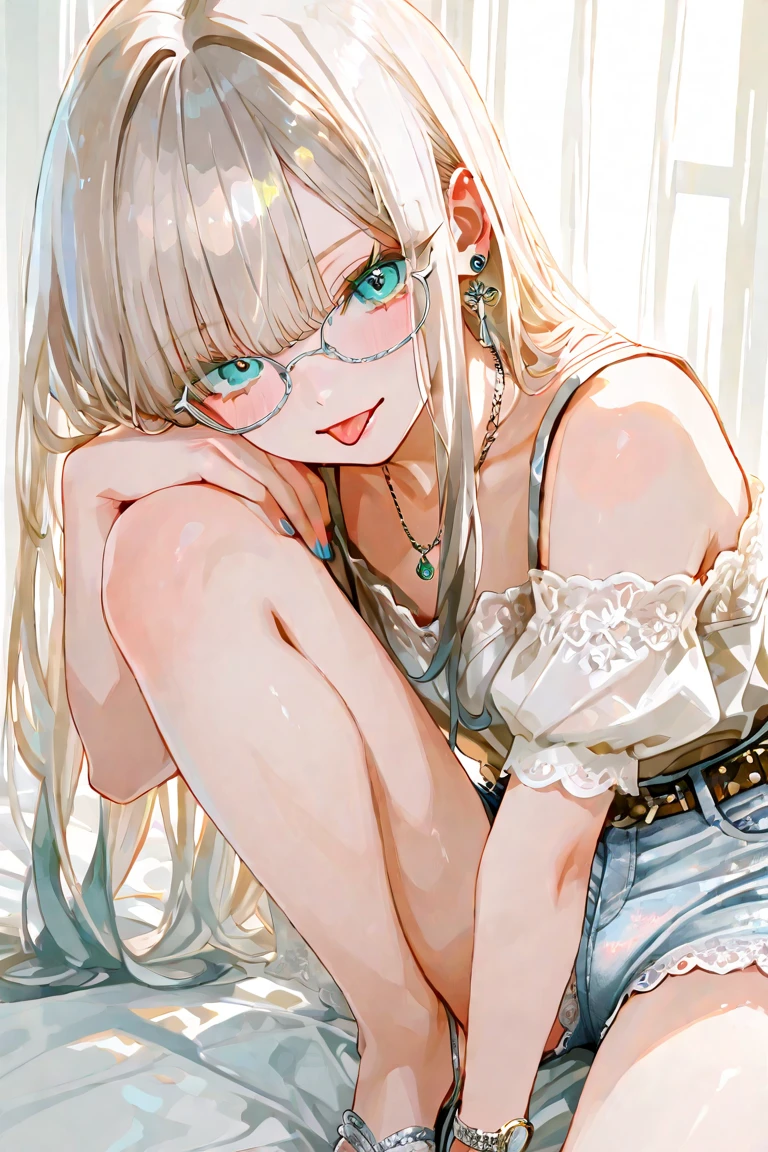 (Rear insertion position, ), Blonde hair and blue eyes, Long Hair, Cute Hips, , ,(Cotton shirt、、Striped Lingerie、White garter stockings、Headphones、Glasses), (Sit on a chair), legs apart、sobbing、hand_on_own_face、nsfw、BREAK Perfect Anatomy、Highest quality、(cute:1.1)、(cute)、(High resolution:1.2)、Unbelievably absurd:1.3、Incredible illustrations、(cuteイラスト:1.2)、Beautiful background、(1 girl) 、solo)、(10th Generation、JK、Loli face、Small breasts:1.2)、slender、、(skirt lift,masturbation),、(tooth:0.6)、、Eye highlights、
