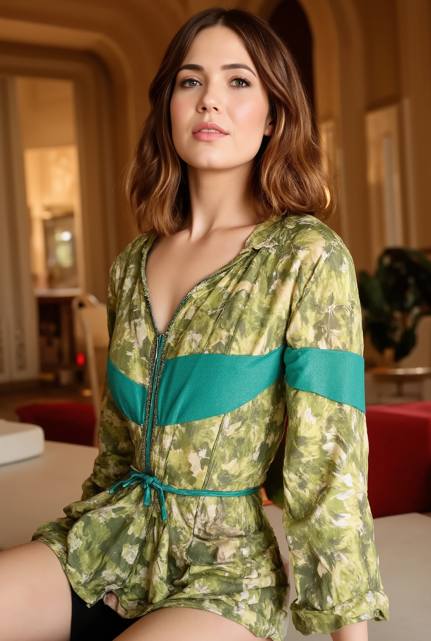 Palestine, 1946. portrait of A young ((((35-year-old)) Sira Quiroga)), beautiful, skinny, sitting in a luxurious hotel patio, ((((clothings from the 1940s)))), ((hairstyle of the 1940s)), ((colorful, Monet))