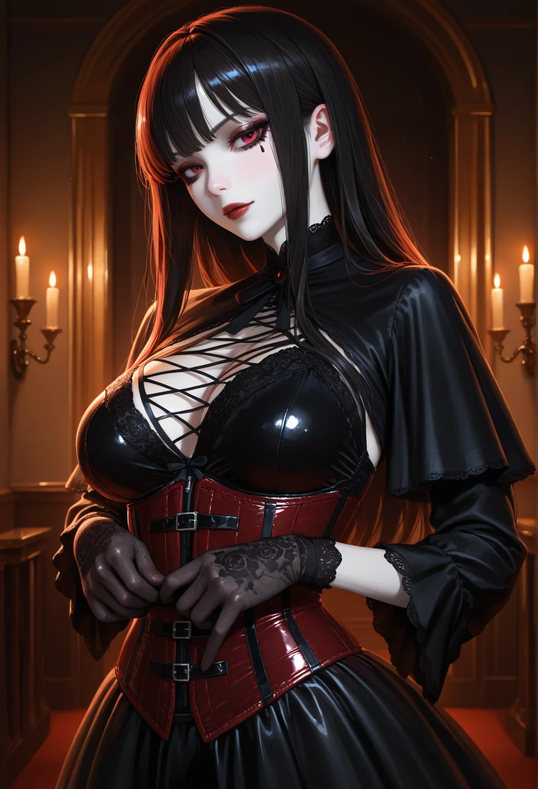 masterpiece, gothic aesthetic, dream atmosphere, ultra realistic, 16k, best quality, absurdres, perfect anatomy, 1girl, goth brunette, voluminous silky hair, cute hair fringe, goth makeup, bright red eyes (intense look), pale-white skin (highlighted), realistic shading, solo, Caera, red eyes, black t-shirt, natural breasts cleavage, large hips, black mini skirt, tights (realistic textures), pretty seductive, upper body, beautiful girl, happy, inside a medieval castle, different poses at different angles, blurred background, cinematic, Photorealistic.