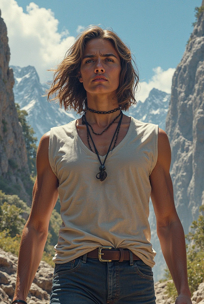 (Best quality, high resolucion, Realstic:1.37), un adolescent de 16 ans (homme) of the Stone Age, peau mate claire, long, frizzy hair, entrain de battre avec son sagaie contre un tigre a dent de sabre, Ultra detailed, Ancien humain, , Prehistoric scene, Realistic representation of the Stone Age