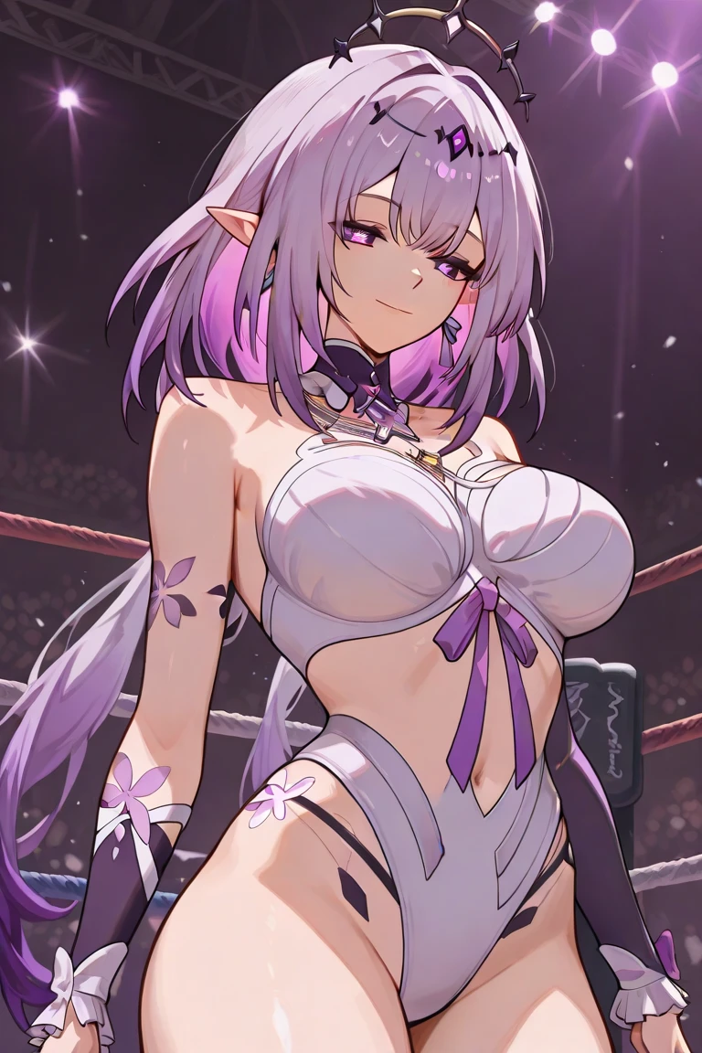 (absurdres, best high quality image, carefuly detailed features and textures, very detailed image, solo character alone): {{(1character: 900 years old elf noble mature beautiful milf), (dark brown short spiky hair with ahoge, fair skin, purple eyes, brown eyebrows, absolute feminine elder beauty, beautiful and sexy features, huge breasts, tall voluptuous body, beautiful arms, beautiful legs, short pointy ears, beautiful hips, giant butt), (Purple one-piece wrestler leotard, cleavage, purple arm sleeves, white elbow pads, white gloves, purple wrestler boots, white knee pads), (cheerful smile, cheerful face, cheerful expression, happy personality, toying and playful demeanor, dancing sexy), (She is doing: dancing and shacking her butt at the castle's gym in the wrestling ring)}}