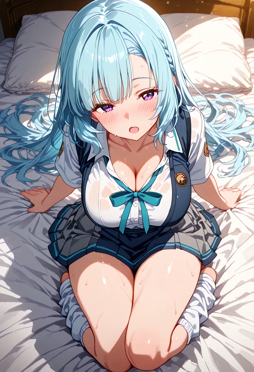 ,1 boy, licking penis、fellatio,1 boy, licking penis,８K, highest quality, masterpiece, super detailed、bright blue hair、medium long hair、twin tails、young face、17 years old、full lips、Pale blue eyes、、blush、lipstick、medium breasts,Random Pause、spread legs, legs up,face is bright red、、、bright blue hair、sweating、embarrassed expression、blush、embarrassing、A glossy look、face is bright red、８K, highest quality, masterpiece, super detailed、bright blue hair、medium long hair、twin tails、young face、17 years old、full lips、Pale blue eyes、、blush、lipstick、medium breasts、perfect hands、detailed hands、,vibrator、vagina、、On the bed、Glamorous expression、、A table that looks like it&#39;s about to cum、Embarrassed、night、８K, highest quality, masterpiece, Ultra-detailed、Young face、17 years old、full lips、、、Blushing、lipstick、Perfect hands、Detailed hand、On the bed、Feeling embarrassed,nsfm、collared shirt, pleated skirt, , bow、