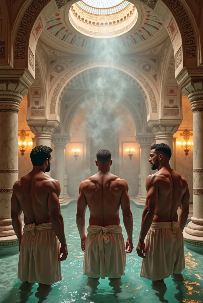 Strong and muscular Bolivian men taking a shower in their underwear with bulging bulges, inside a large cistern with water up to the knee, in a historic locker room, with stained glass windows in the background, in a building from 1650.