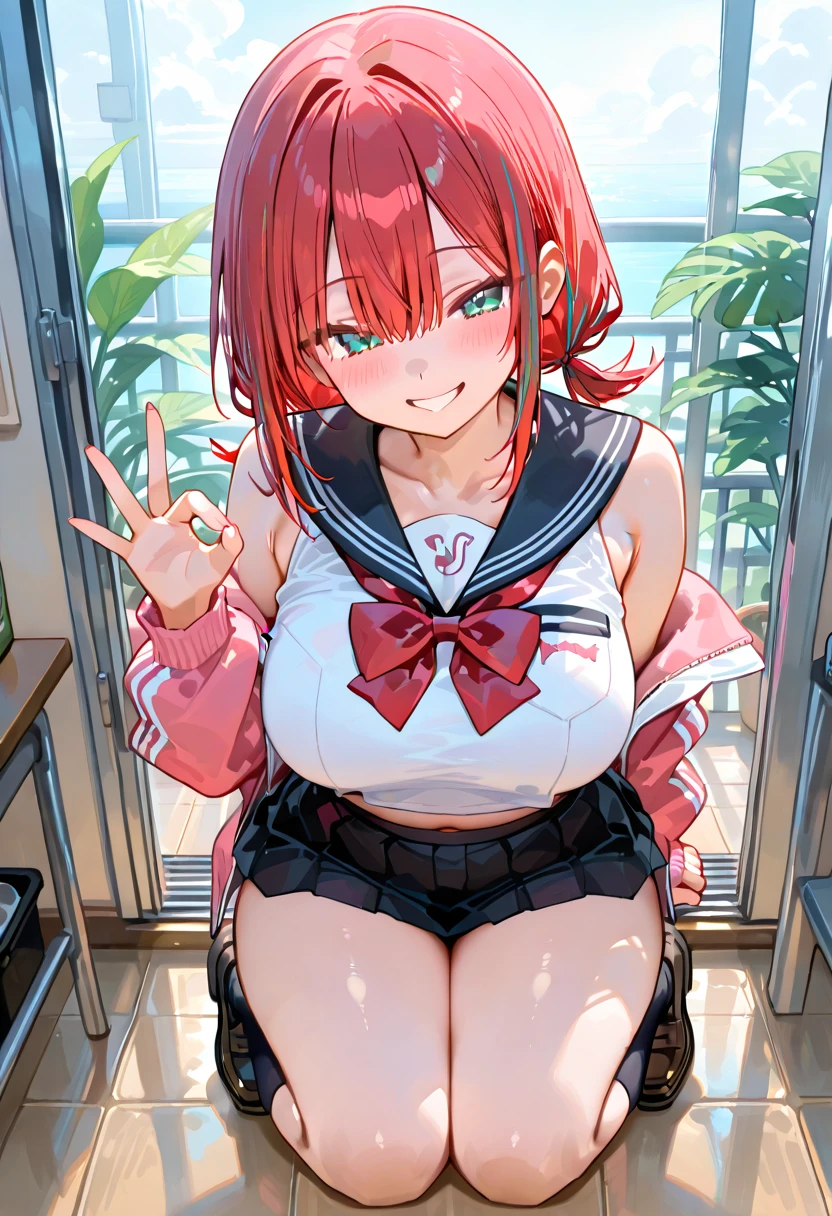 Highest quality, masterpiece, High resolution, 1 Girl, (Kantai Collection)(Spring Rain Kantai Collection:1.15), Brown Hair, Red eyes, smile, Slender body, Full body portrait,Pink Hair, Side Ponytail, Classroom Background, Slender body, Full body portrait, Classroom Background, Slender body, Full body portrait, , (panties), (good), Squat, ((In underwear)), Flat Chest, Small breasts
