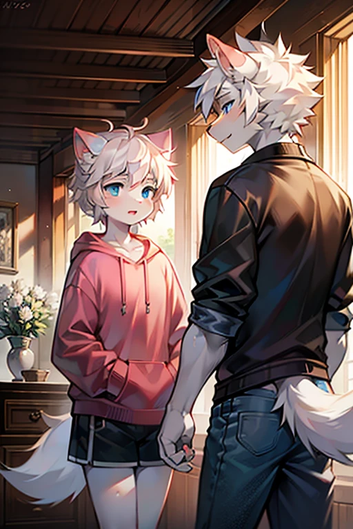 Three people，shaggy male，hairy chest，（coyote，canid，Gray fur，long  white hair，The ends of the hair are purple，a purple eye，）Bullied，adolable，Handsome，Raised sexy， Sex life，shackle，A masturbation stick is inserted into the ，Human reproductive organs，Hand addiction，The desire to have sex with the genitals，drools，Oral sex， sex， Sex life，（tigre，felid，the white tiger，Siberian tiger）（red fox，canid，red fox，White fox）