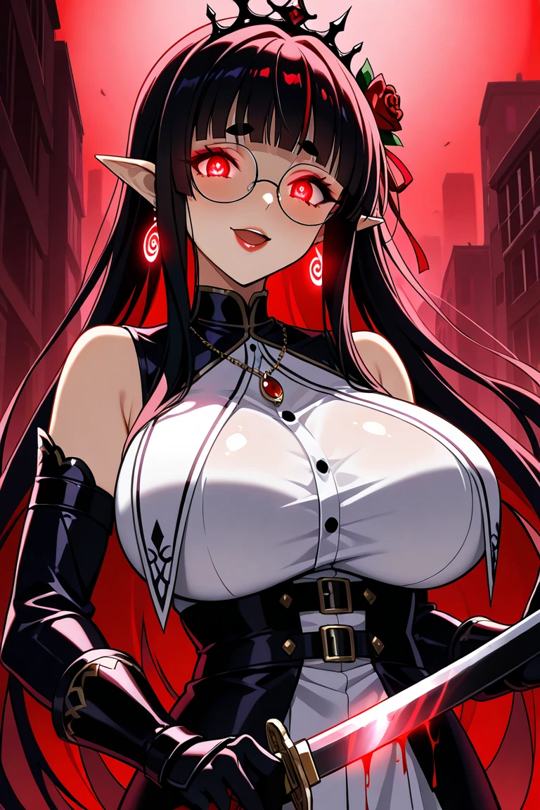 masterpiece, highest quality, Medium wide shot、cowboy shot、 1 mature woman、looking at the viewer、Jet black hair and horns、tall、devil woman、blood red eyes、Amazingly huge tits、Yinkya、Glasses girl、Demon King、