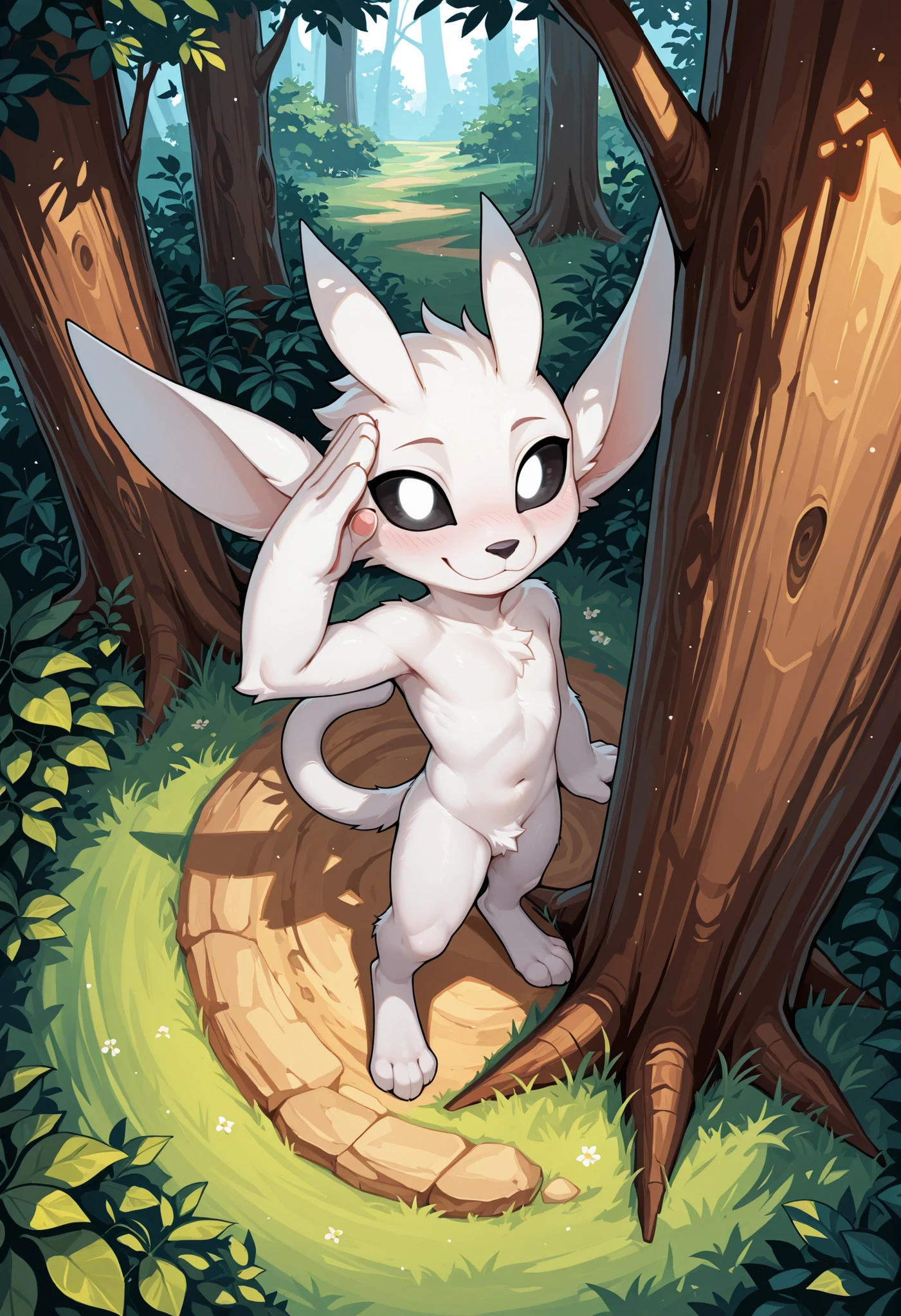 masterpiece, best quality, highres, very aesthetic, absurdres, newest, 1boy, solo, male, furry, ori_il, ori, tail, black sclera, white eyes, chibi, solo, blush, male focus, furry, looking at viewer, furry male, tree, 1boy, outdoors, :3, closed mouth, body fur, tail, under tree, smile, plant, animal nose, happy, white fur, feets with three toes, salute, standing, leaning back, bird eye view, high angle view,