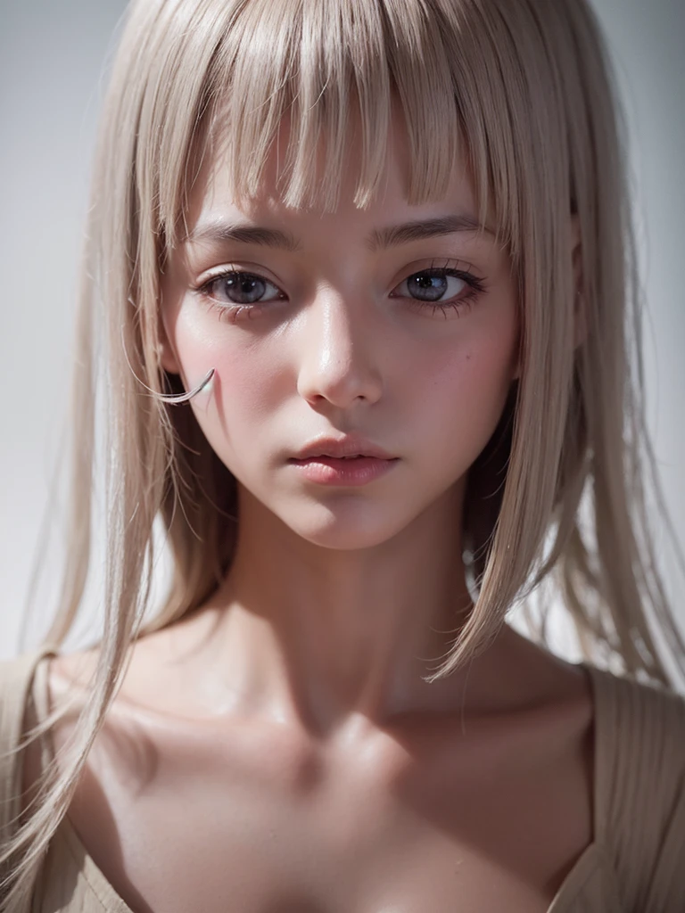 Hyperrealist portrait of female by david hockney and alphonse mucha,fantasy art, photo realistic, dynamic lighting, artstation, poster, volumetric lighting, very detailed faces, 4 k, award winning,, 1girl, in the dark, deep shadow, low key,cowboy shot,(official clothing:1.4) ,long hair,white hair,