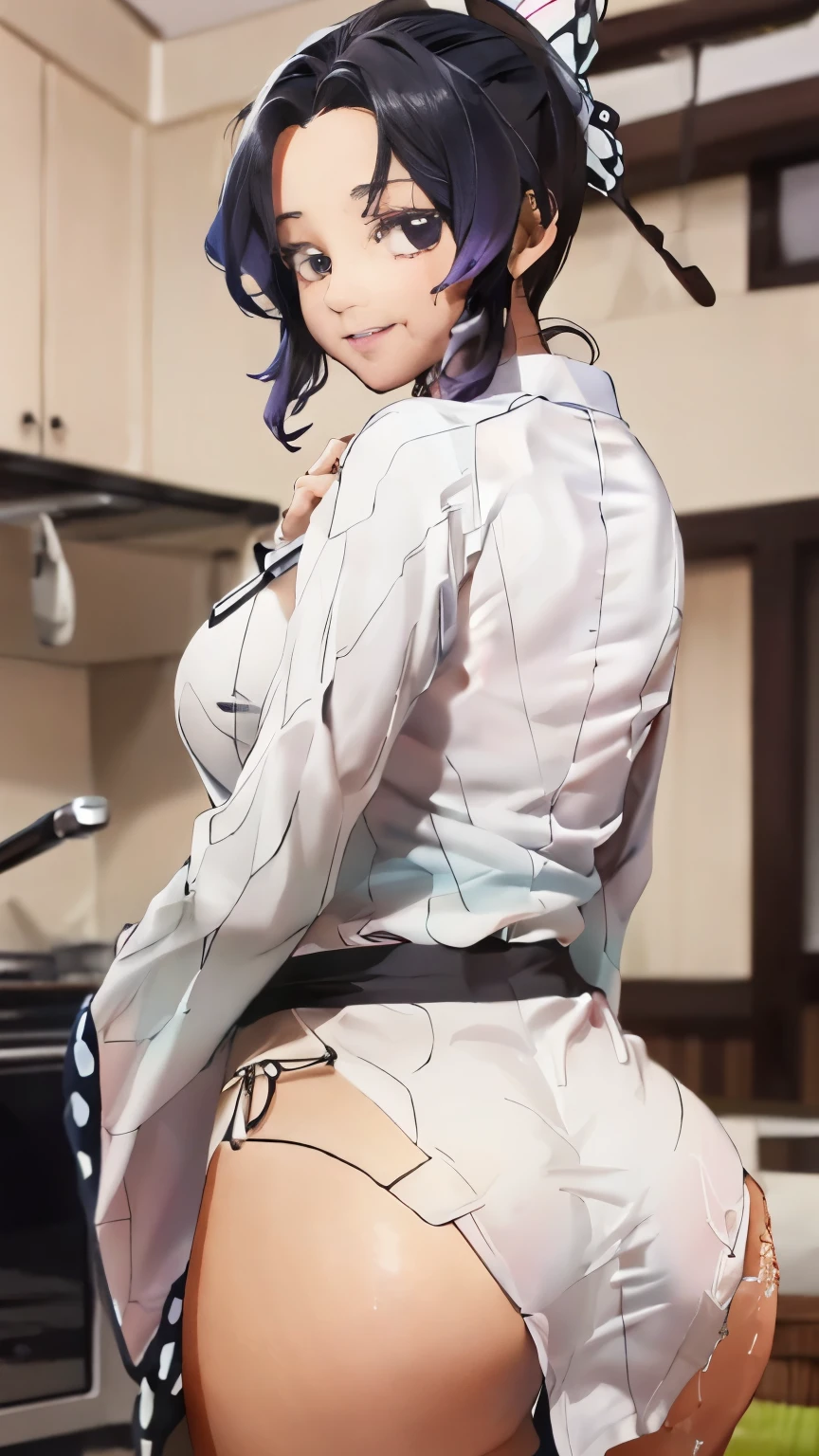 (Representative works: 1.2), (Best Quality: 1.2), solo, Single Daughter, Shinobu Little Butterfly, Happy Smile, Big breasts,Thin Japanese sword, (White Shirt: 1.4), face, Realistic Eyes, lilac eyes, wet face, dark haired, (butter frying pan tea: 1.5), Micro Panties, Taisho period, from below, spread your legs, raise your skirt, show off your panties, lift yourself,super miniskirt showing all of your legs,(dynamic pose:1.2)