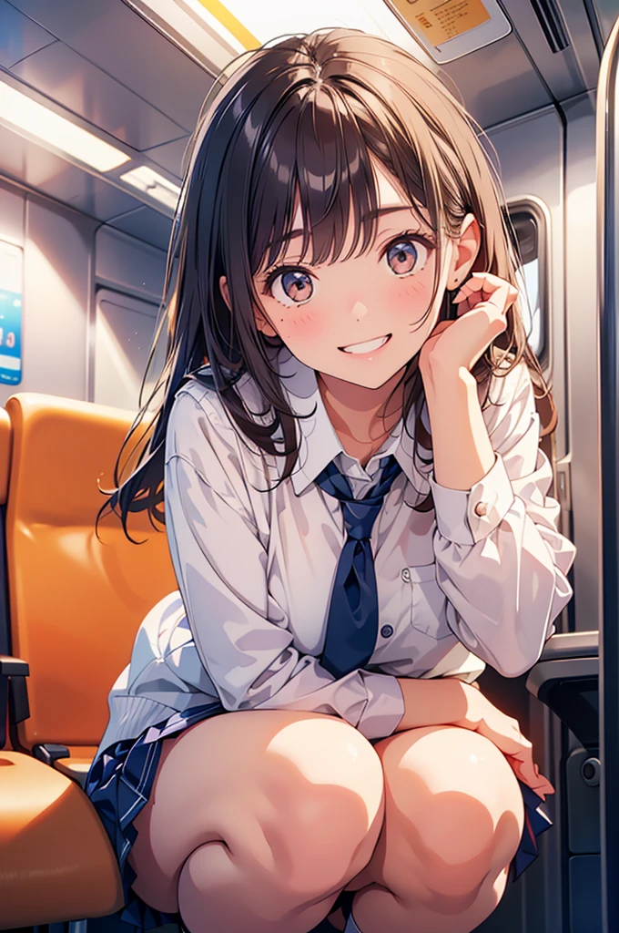 (masterpiece:1.2, top-quality), (realistic, photorealistic:1.4), beautiful illustration, (natural side lighting, movie lighting), 
looking at viewer, full body, front view:0.6, 1 girl, japanese, high school girl, perfect face, cute and symmetrical face, , shiny skin, 
(middle hair:1.2, twin drills:1.2, dark brown hair), crossed bangs, blue eyes, long eye lasher, (middle breasts), 
beautiful hair, beautiful face, beautiful detailed eyes, beautiful clavicle, beautiful body, beautiful chest, beautiful thigh, beautiful legs, beautiful fingers, 
((short sleeve white collared shirt, blue plaid pleated skirt, blue bow tie, black hair ribbon), wrist chouchou), 
(beautiful scenery), amusement park, ferris wheel, (squatting, skirt hold), (peace sign, lovely smile, upper eyes), 