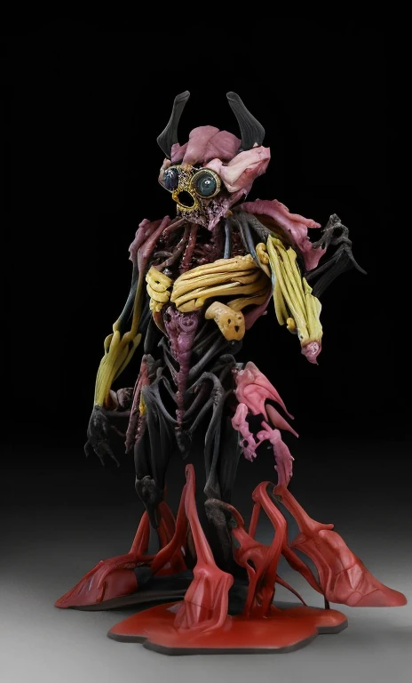 3D Rendering、Toy、Full body image、Action Figures、1/6 Scale、12 inch size、Bad guy、artificial human world、(((The whole body is asymmetrical)))、The right half of the body is mechanical、Steampunk Style、Some parts glow in neon colors、(((The left side of the body is a creepy body with arteries and veins protruding)))、Unclean and unpleasant skin、Scary look、(((Full body image)))