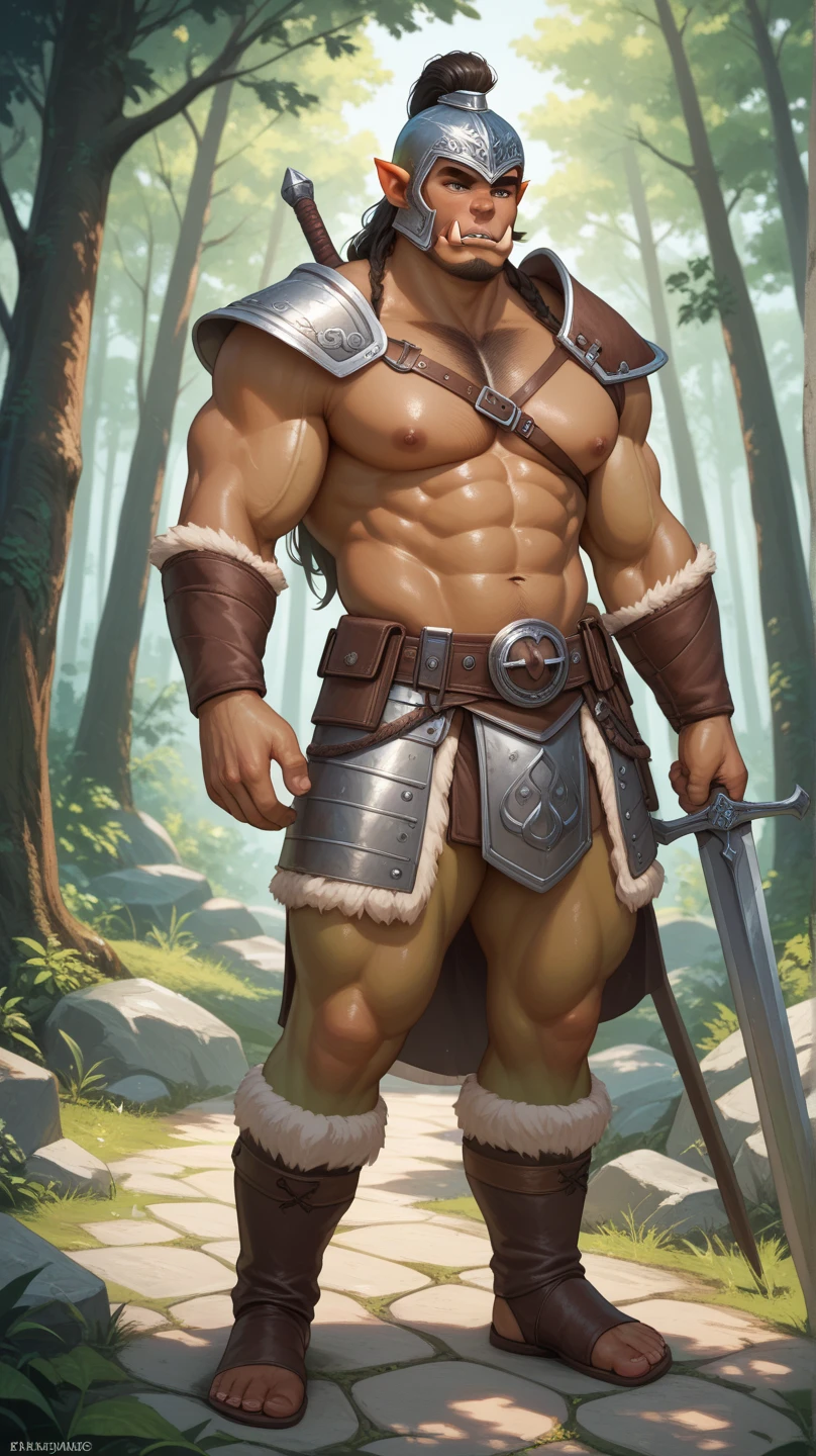 Solo Sexy anthro furry german shepherd male; ancient Mediterranean desert warrior; slim mesomorph handsome model apperance apperance; boy's messy short hair headband; sexy toned muscules; sword scars; worn out rusty sexy skimpy armament. He has low on hips heavy leather studded heavy belt. he has narrow in the crotch very old worn out bulgy tigh jockstrap (smelly jockstrap fetish); His jockstrap it is made of old white worn out matte leather sewn together from a few pieces, it has never been washed, it is dirty and has stains from secretions of dried semen and sweat; His armor is old heavy brown harness with armlets studded with spikes; rusty old skimpy breatsplate armor, he has old brown leather BFR Bands on Biceps and his thighs, he has old worn out fingerless leather gloves. His armor is in ruin, it is very very old and dirty, rusted, dirty, old worn out, rusty breastplate. Even though he is a handsome and sexy man, he has a sloppy appearance, has disheveled unwashed dirty fur, dirty body look. he smells, he has stains from old blood, dirst, cum, mud, smelly furr, disgusting bastard looking.He stands proudly bravely with one foot on a higher stone in the Mediterranean sunny pine forest; he has a proud, view from behind, he looks back at me, view of his sexy asshole anus buttocks, , threatening and defiant expression on his face, with little dirty dangerous smile; he has narrow in the crotch very old worn out bulgy tigh jockstrap (smelly jockstrap fetish); His jockstrap it is made of old white worn out matte leather sewn together from a few pieces, it has never been washed, it is dirty and has stains from secretions of dried semen and sweat;, he has narrow in the crotch very old worn out bulgy tigh jockstrap (smelly jockstrap fetish); His jockstrap it is made of old white worn out matte leather sewn together from a few pieces, it has never been washed, it is dirty and has stains from secretions of dried semen and sweat;,