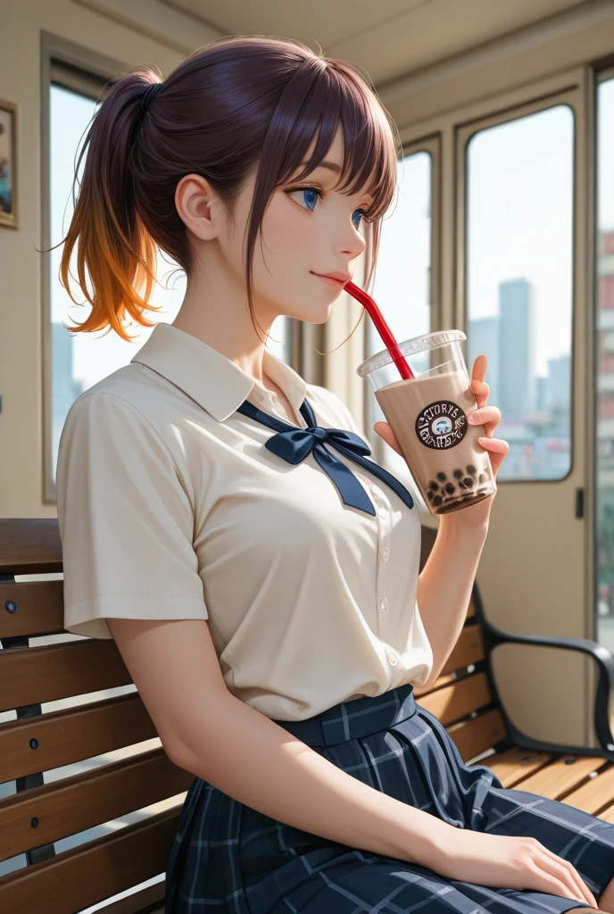 1 girl, (8k, RAW photo, best quality, masterpiece: 1.2), underwear Wet(realistic, photo-realistic: 1.37), ultra-detailed, beautiful, solo, beautiful detailed sky, detailed coffee, night, sitting, (flushed nose), (smile: 1.1), medium breasts, beautiful detailed eyes, long brown hair, (collared shirt: 1.1), bow tie, pleated skirt, (short hair: 1.2), long hair, taking big ice cream,