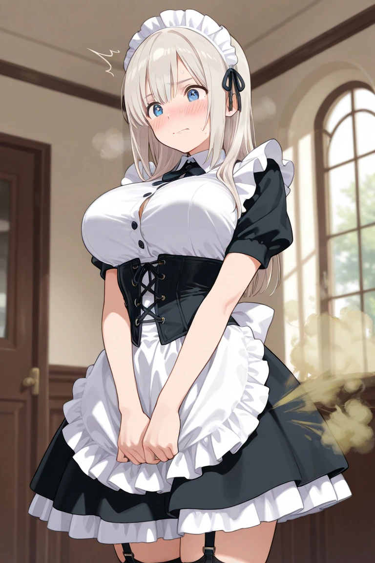 ((day:1.5)),indoors, ((extremely detailed background)), fitting room,
cowboy shot,dynamic angle, standing, (skirt lift:1.2)
bbkei, long hair, blonde hair, ponytail, hair scrunchie, maid, maid apron, white legwear, white thighhighs, maid dress, center frills, buttoned, blue bowtie,
1girl, solo,Beautiful Finger,Beautiful long legs,Beautiful body,(mature:1.1),(milf:1.1),(mature female:1.3),make up,parted lips,(shiny skin:1.3),(gorgeous detailed skin),(detailed hair), masterpiece, high quality, highres, absurdres,(beautiful and aesthetic:1.2), beautiful hand, (4K), 8k, perfect balance,(extremely detailed CG unity 8k wallpaper), perfect hand,
naughty face,
ray_tracing,intricate details,depth of field, extremely delicate and beautiful,professional photography, bokeh, high resolution, sharp detail, best quality,
(Beautiful,large breasts), (beautiful_face), (narrow waist), curvy, thick thighs, <lyco:GoodHands-beta2:1.0>,