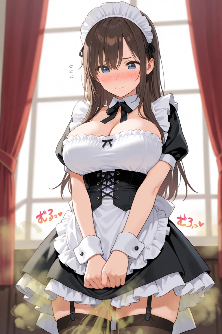 Solo Girl, 14-year-old,, Twintails Hair, light brown hair, Brown eyes, Mid-chest, highest quality, High resolution, Very detailed, Detailed Background, Perfect lighting、Sitting on the bed with legs spread、Extreme maid outfit、very cute,large breasts,cute eyes,puffy eyes,