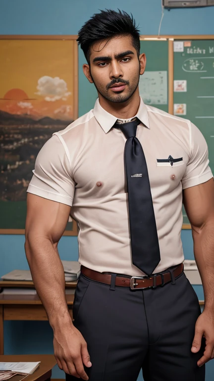 18 years old indian school boy with small beard mascular dark skin jaat with spiky hairstyle in , head to thighs, indian school boy, beautiful eyes, large lips, volumeric light, wearing tight white shirt, navy trouser, navy tie, huge bulge, muscular chest, long legs, left neck look, Wide shoulders, nice detailed hands, standing in school classroom background, sunny day, daylight