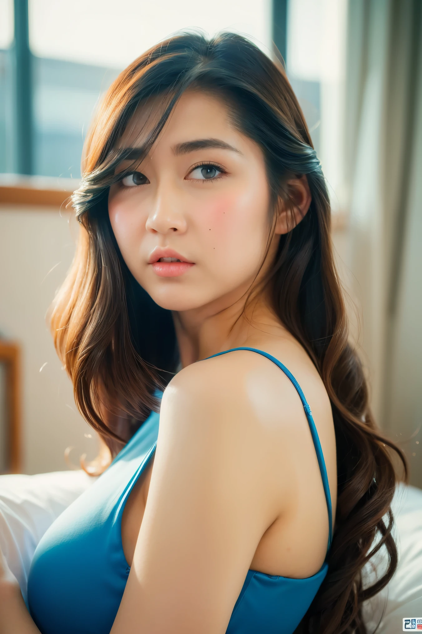 (Incoming Kiss), puckered up mouth, gold bikini, looking at camera, front view, long hair, layered hair, bangs, (detailed face), at bedroom, tempting pose, potrait body, mouth closed, smiling, black eyes, 1 girl, 20yo,Young female,Beautiful Finger,Beautiful long legs,Beautiful body, Beautiful Nose,Beautiful character design, perfect eyes, perfect face,expressive eyes,perfect balance, (looking at viewer), official art,extremely detailed CG unity 8k wallpaper, perfect lighting,Colorful, Bright_Front_face_Lighting,White skin, (masterpiece:1.0),(best_quality:1.0), ultra high res,4K,ultra-detailed, photography, 8K, HDR, highres, absurdres:1.2, Kodak portra 400, film grain, bokeh:1.2, lens flare, (vibrant_color:1.2),professional photograph, (Beautiful,huge_Breasts:1.4), (beautiful_face:1.5),(narrow_waist)