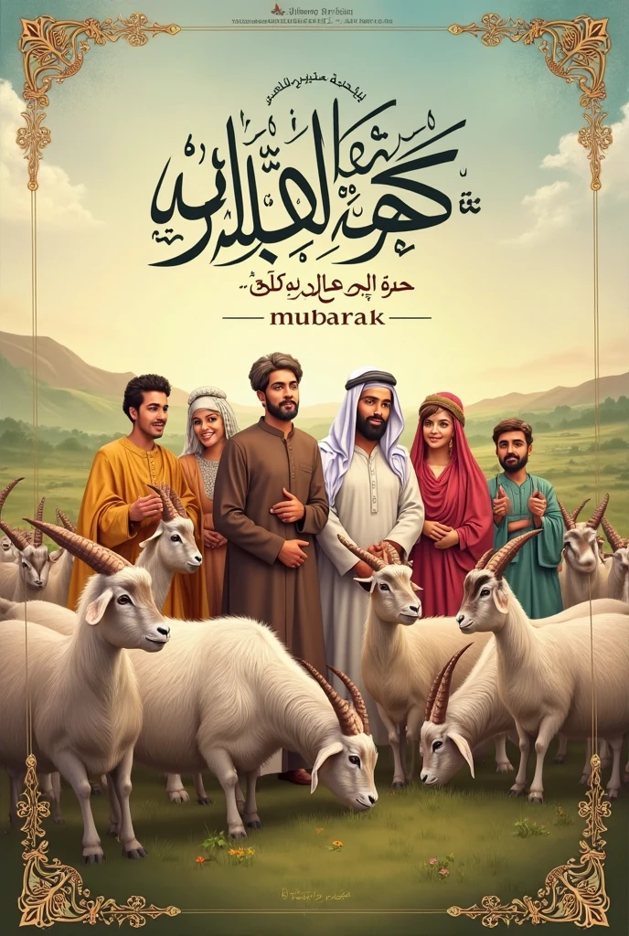 A family of people, each dressed in simple Muslim clothing, are riding a sheep..original human. Native Indonesian people. Eid al-Adha. transparent background. Fresh green shades. facing the camera. Sheep standing on a circle of grass and a layer of soil on the edge. Man