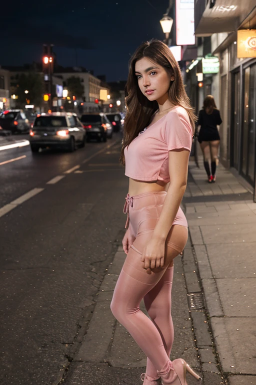 generated a full body of a 21 years old young woman with dark brown hair, medium size chest, shy smile, Sitting on a bench, wears light pink leggings and a matching silk blouse with a slight off-the-shoulder design. The side perspective showcases the seamless blend of casual and chic, with the silky blouse gently draping over her shoulders and the leggings highlighting her silhouette, all set against the energetic backdrop of New York City