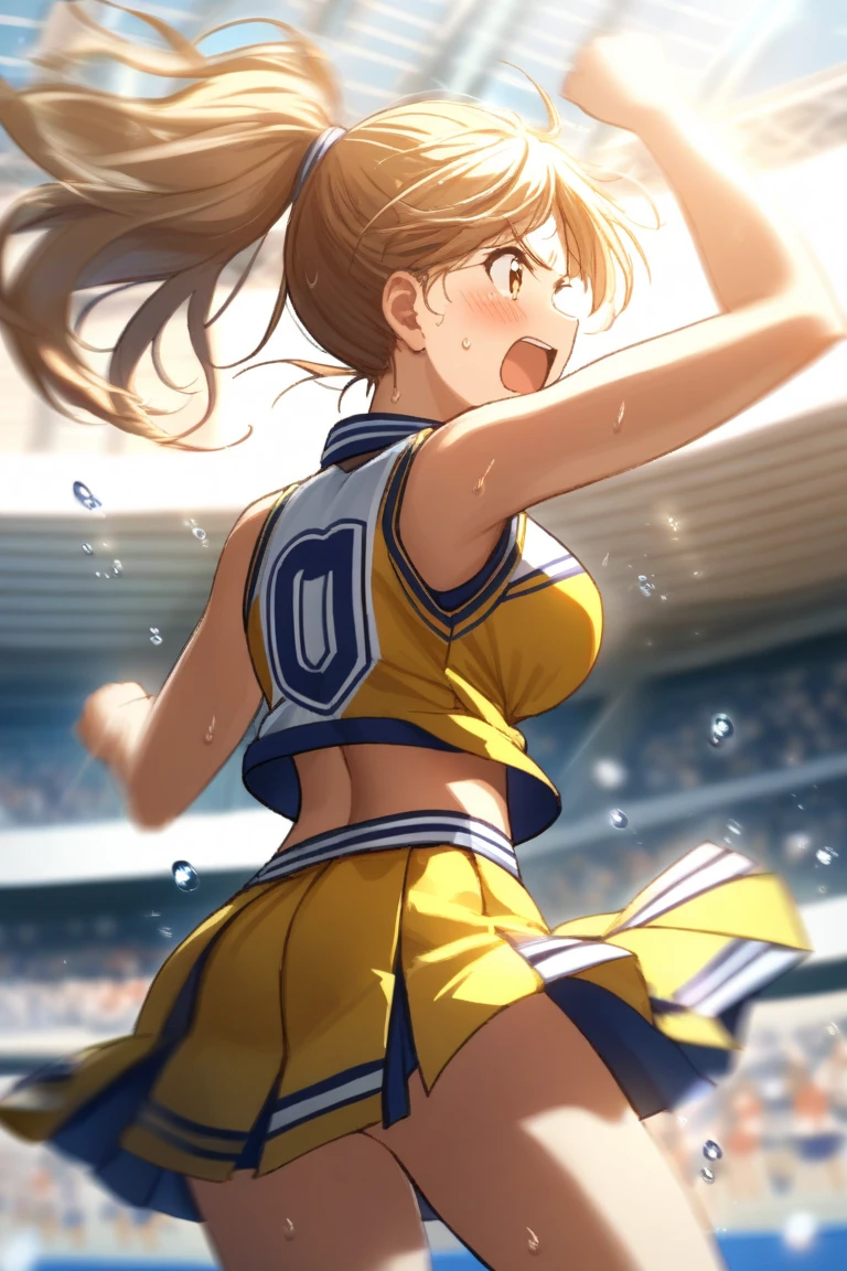 (Sports magazine cover photo), Highest quality, Great quality, 16K, Unbelievably absurd, Very detailed, delicate and dynamic, Natural light, The particles reflect light, Diffuse reflection of light, Many rainbow-colored petals fall, Beautiful truck studium, Sparkling Sun, Diffuse reflection of light, Create amazing image effects, , Wet, sweating, athletics, Long jump, Long jumper, Jumping high, Close-up(Cute sexy girl, big bouncing busts, Sensual expression, Cool girl, Serious, passion, Dynamic, Flashy Athletics Uniforms, ,audience , much-air-laden cheer)