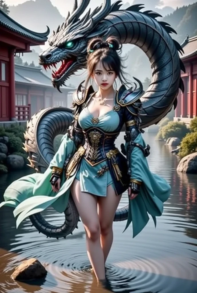 Masterpiece, best quality, a girl makes friends with Chinese dragons, funny, happy, bright, dragon,