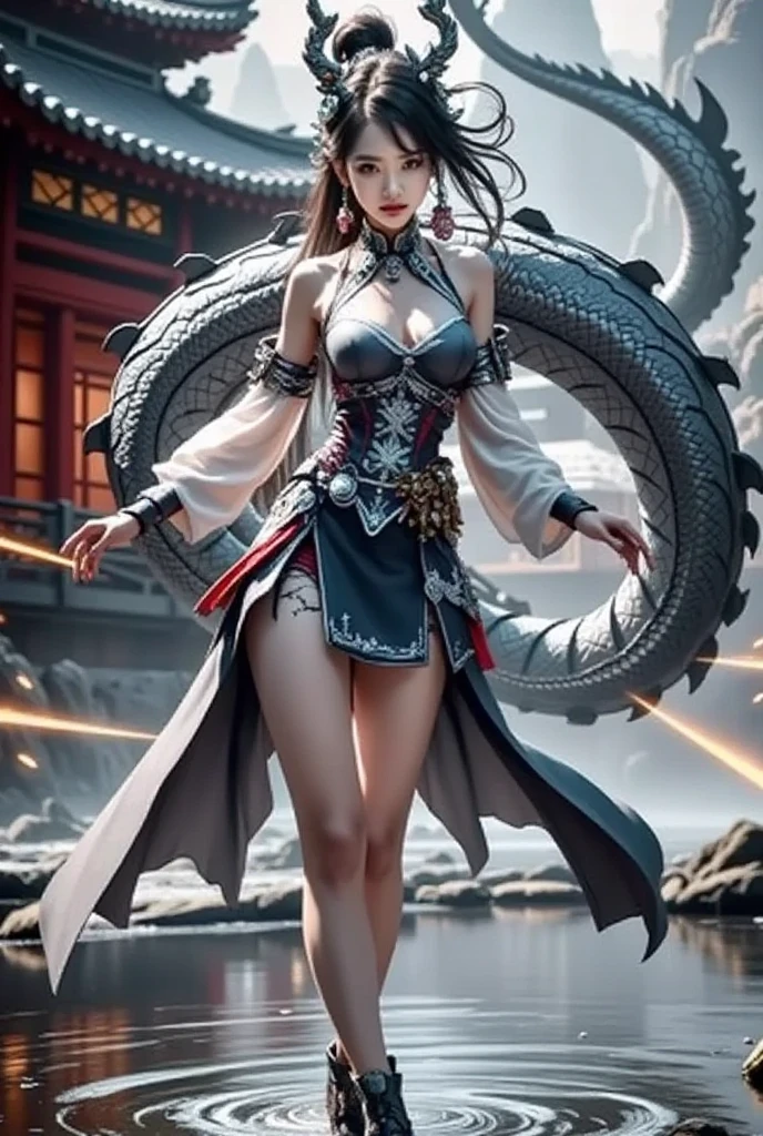 Full-body portrait of a beautiful anime-style woman with detailed, realistic features. The woman has an intricate tattoo on her back, adding a touch of elegance. Her attire reflects a beautiful oriental influence, and the overall composition captures the essence of sophisticated anime art. The image should showcase a lush, vibrant background that complements the character's appearance, emphasizing her grace and detailed tattoo. Inspired by Yoshitaka Amano s distinctive style, this image blends vibrant watercolors and detailed ink drawings to create a dream-like scene, black and white still, digital Art, perfect composition, beautiful detailed intricate insanely detailed octane render, amano yoshitaka

