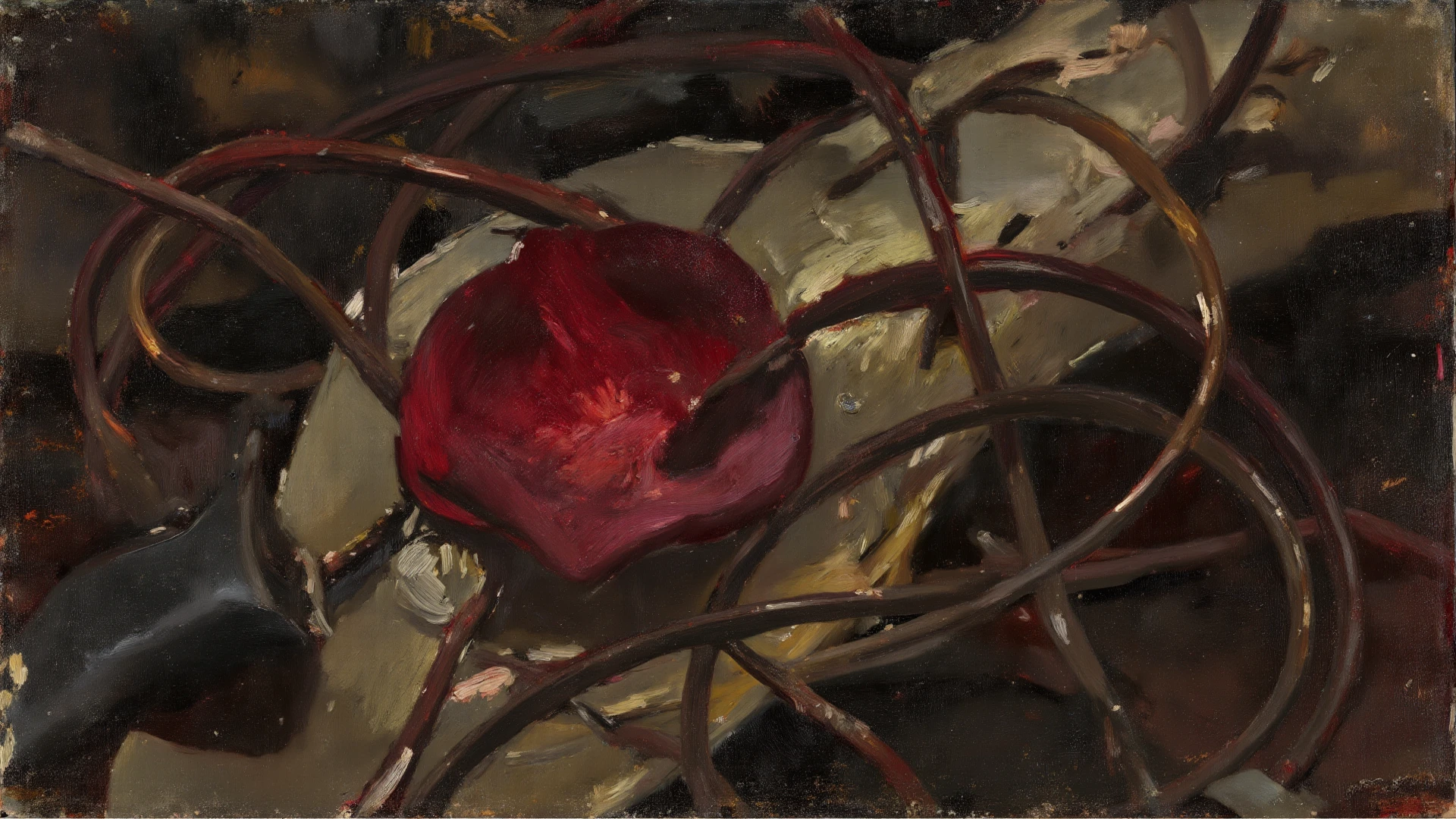 Abstract. Full-length photograph. Plain red background. Painted by Egon Schiele. Sculpture of the heroine's archaic smile of the King of the Vampires wearing orange underwear on the ground.