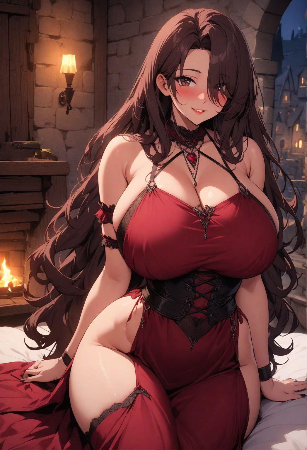 perfect face. Perfect hands. A brown haired woman with red eyes and an hourglass figure wearing a Gothic lolita dress is laying by a Gothic fireplace with an eager grin
