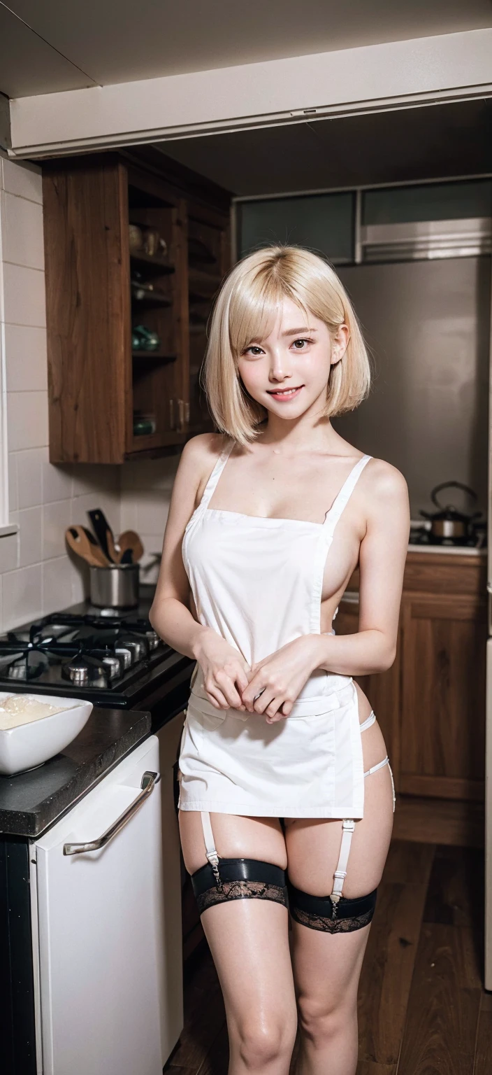 (8K, RAW Photos, Highest quality, masterpiece:1.2), Super detailed, Ultra-high resolution, (Realistic, Photorealistic:1.37) , High-definition RAW color photos, Professional photos, Very delicate and beautiful, Very detailed, 8K壁紙 , (Beautiful and detailed eyes:1.1),(Beautifully detailed face:1.1),Anatomically correct body shape , Fine and beautiful skin,Skin Texture ,( From Behind:1.1), Full Body Shot,Natural light , 1 person , woman , Japanese , 20-year-old , E cup bust , Slim waist , , Shiny Hair ,(Twintails ,Blonde:1.1) , Shy Smile , (naked white lace apron:1.25) , mini length skirt , , , , , ,standing,(Showcasing armpit:1.25) ,(side boob:1.25), Sharp focus , The background is a realistic kitchen