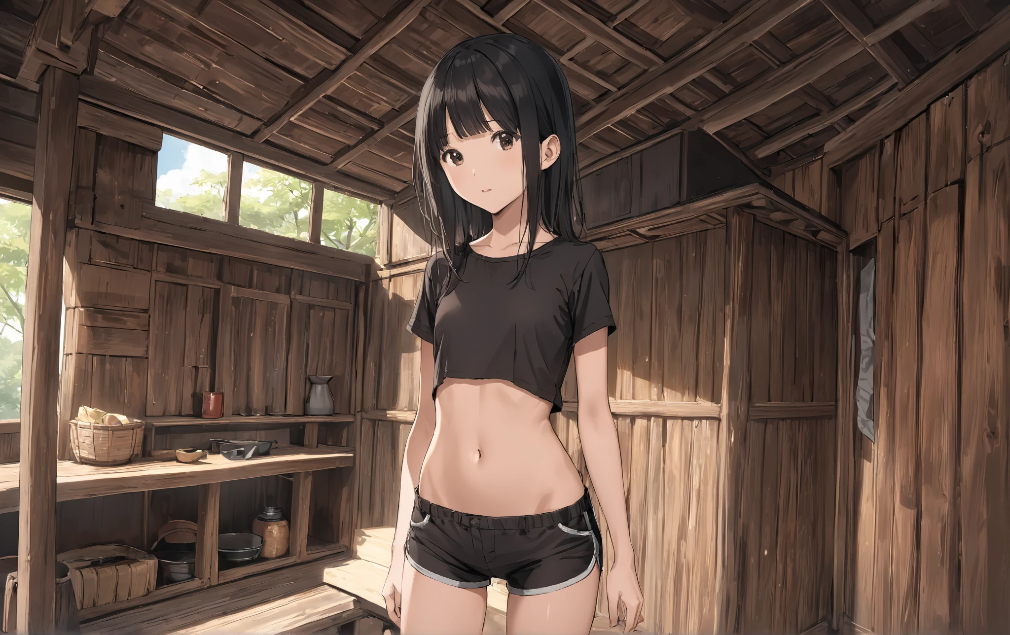 Semi realistic girl in bra and baggy pants with defined abdomen and ribs