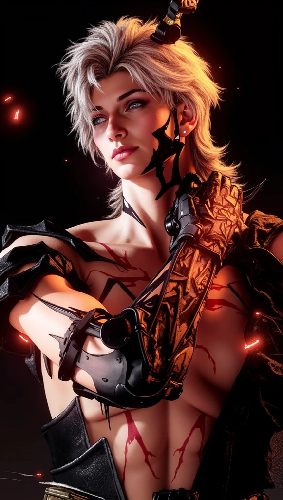 a one woman, very white skin, almost translucent. White and very short hair, Scars Many visible scars all over the body, suggesting a life of battle.
angry facial expression, with furrowed eyebrows and narrow eyes.
Bandages Bandages wrapped around the arms, some with bloodstains.
Power Emanates a mystical aura, with arcane symbols glowing on your skin. A scarlet blue sphere of power floating in his right hand.
body skinny, but with a defined musculature. Daughter of a celestial being in human form. Weapon Wields a mystical emerald green dagger in his left hand.
Dragon: cor branco, huge and majestic. Position: Behind the character, in a protective position radiating power and wisdom. partially opened wings, with a threatening posture.