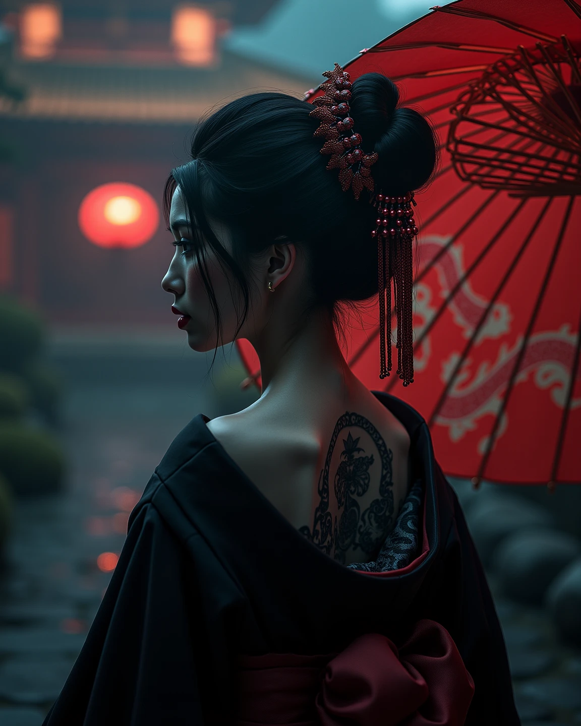 realistisches Bild, (best quality), (8K resolution), (Weitwinkelobjektiv), intricate details, (kinematic lighting), Wallpaper, 8k,
Kinematic image of a breathtakingly beautiful  geisha with a bun in her hair and a beautiful hair clip. The geisha is wearing a black and red kimono and is in a mysterious environment, She stands with an umbrella at dusk in front of a temple with dragon design,
We see her fading silhouette , a tattooed back tells us a  story 
