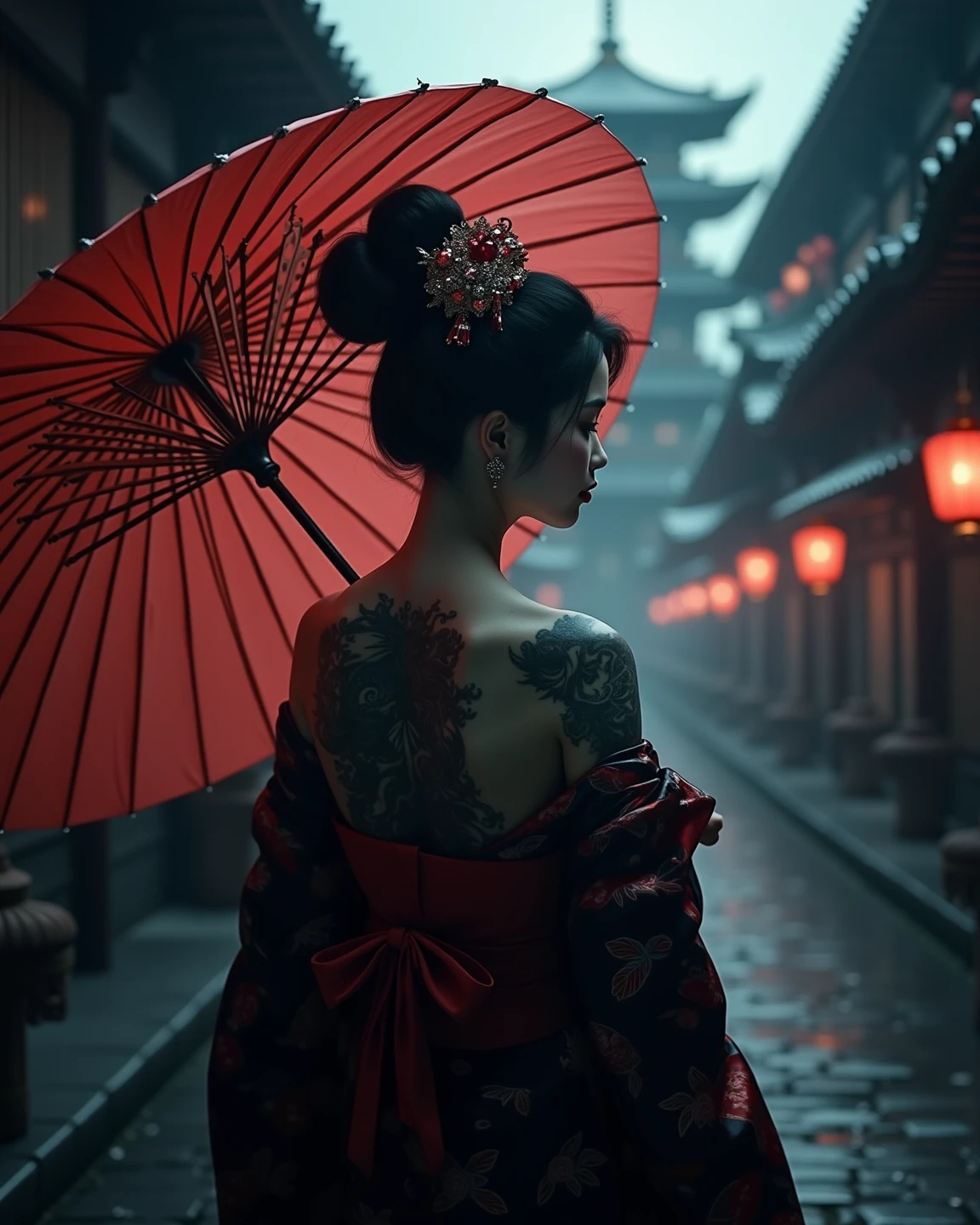 realistisches Bild, (best quality), (8K resolution), (Weitwinkelobjektiv), intricate details, (kinematic lighting), Wallpaper, 8k,
Kinematic image of a breathtakingly beautiful  geisha with a bun in her hair and a beautiful hair clip. The geisha is wearing a black and red kimono and is in a mysterious environment, She stands with an umbrella at dusk in front of a temple with dragon design,
We see her fading silhouette , a tattooed back tells us a  story 