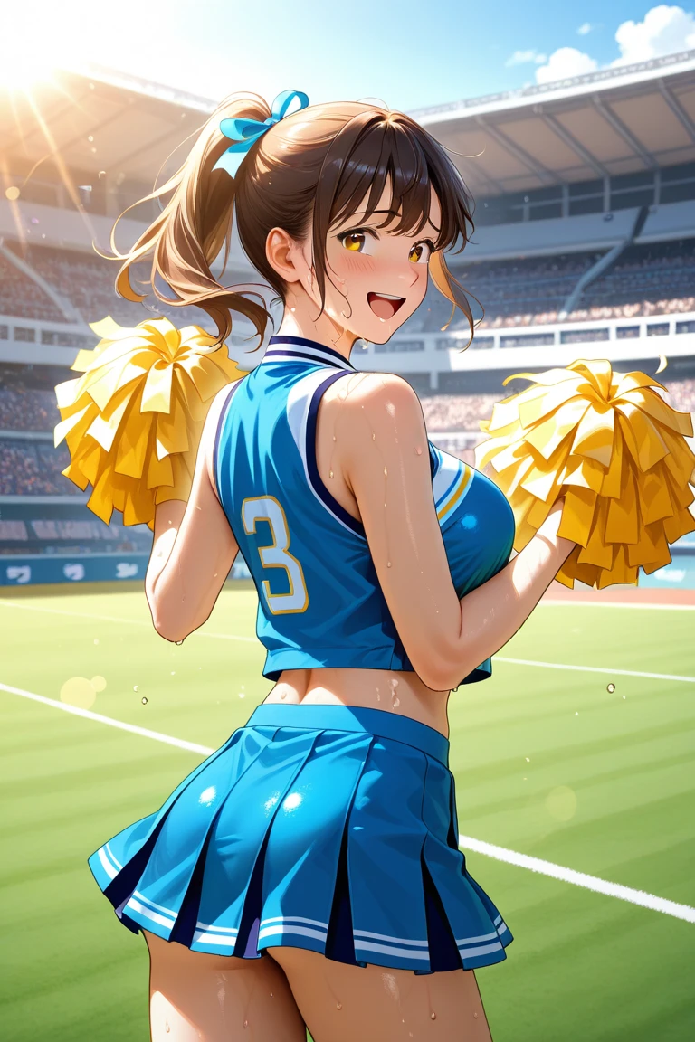 1lady solo, (dynamic posing), cheerleader (stylish outfit), mature female, /(brown hair/) bangs ribbon, blush (brightly smile), (masterpiece best quality:1.2) delicate illustration ultra-detailed, large breasts BREAK (holding pom-pomREAK /(baseball stadium) grass, outdoors, audience